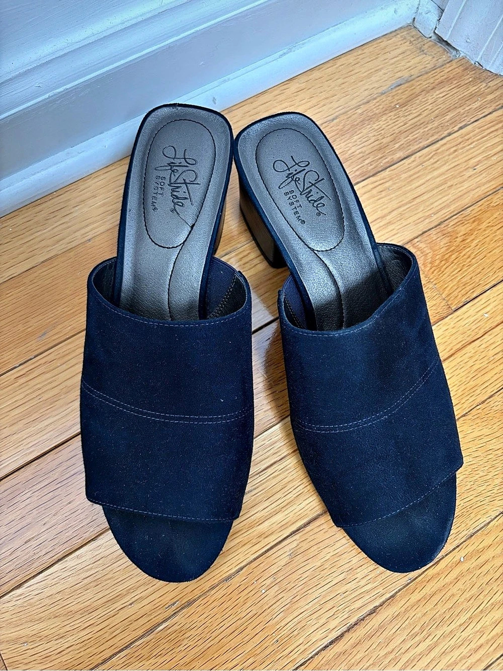 Navy Suede Open Toe Heeled Mules